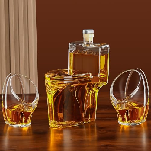 CRAKTH Toilet Whiskey Glass Decanter Set, White Elephant Gifts Adults, Gag Funny Novelty Gifts for Men, Liquor Decanter for Bourbon Alcohol with 2 Urinal Glasses, Home Bar Accessories Man Cave Decor