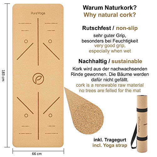 Pure Yoga Yogamat van kurk - natuurkurk - antislip - extra breed - milieuvriendelijk - zeer licht - uitlijningssysteem - inclusief draagriem (183 cm x 66 cm x 0,5 cm) - Image 3
