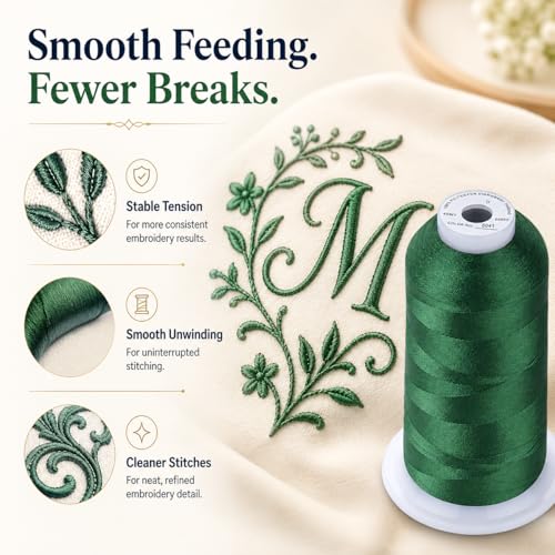 Image of Simthread 5000M 40WT Polyester Embroidery Thread, Holly Green S041 | 5000M 40WT polyester thread feeds smoothly for machine embroidery, monograms, logos, patches and quilting.