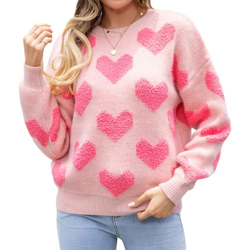 Image of Women's Cute Heart Sweater Love Print Valentine Romantic Knitted Top Casual Crewneck Long Sleeve Sweaters Pullover