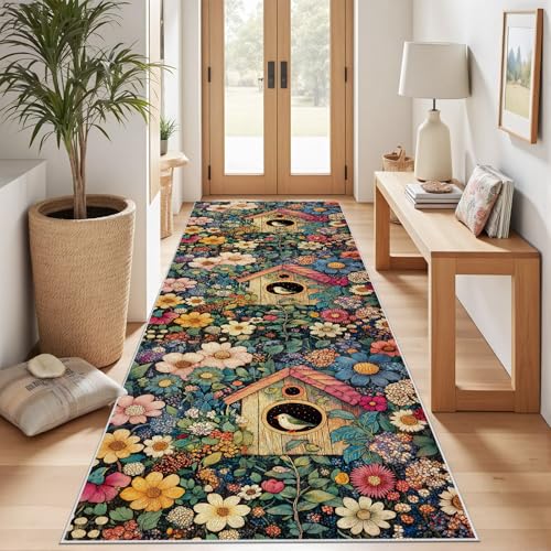 Meugesoi Vintage Pastoral Blumen Teppich Läufer 60x150 cm Holz Vogelhaus Teppiche rutschfest Waschbar Bettumrandung Schlafzimmer, Teppichläufer für Küche, Flur, Eingangsbereich Meugesoi Vintage Pastoral Blumen Teppich Läufer 60x150 cm Holz Vogelhaus Teppiche rutschfest Waschbar Bettumrandung Schlafzimmer, Teppichläufer für Küche, Flur, Eingangsbereich