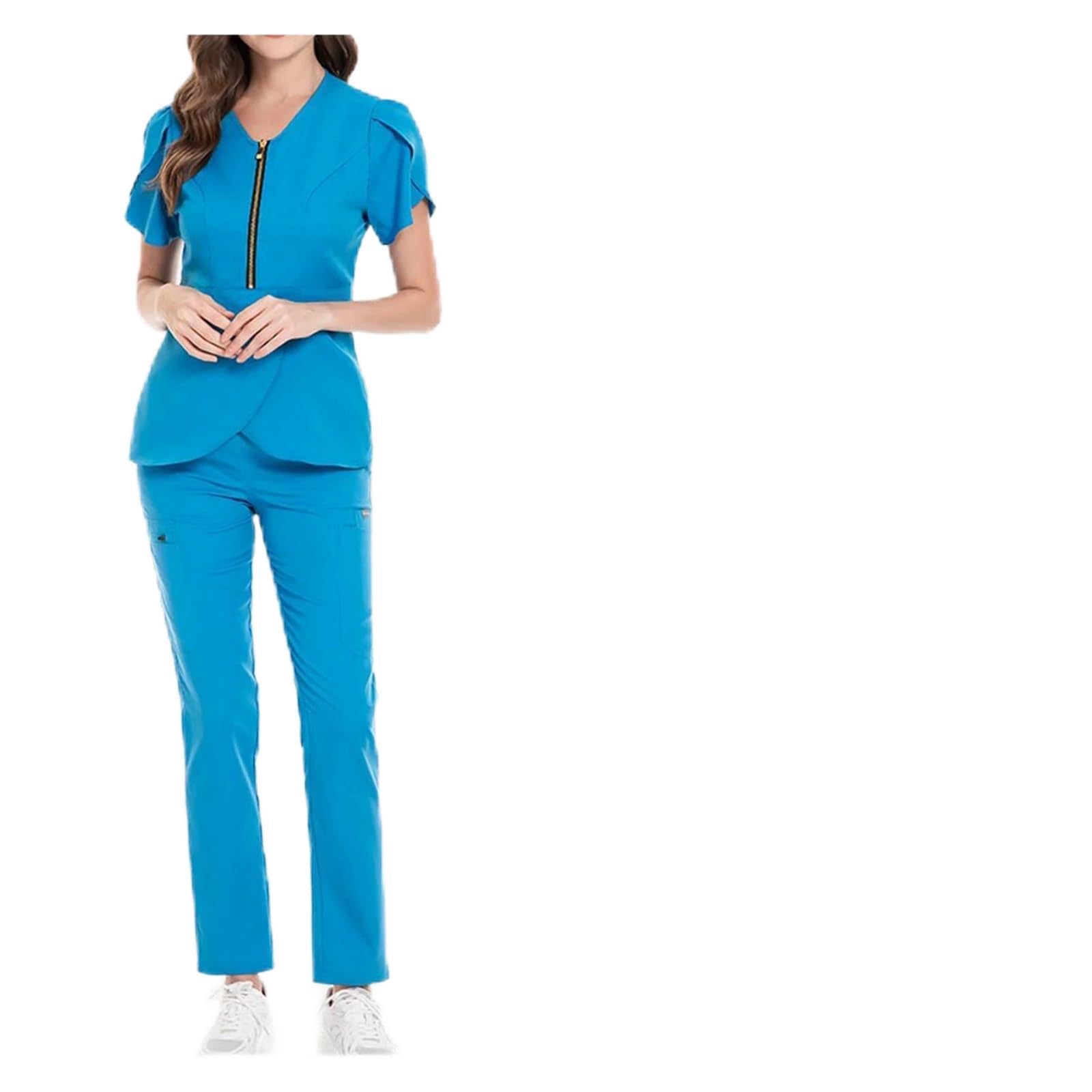 Kasacks Damen Pflege Damen-Krankenschwester-Bekleidungsset, V-Ausschnitt, kurze Ärmel, Reißverschluss, Rüschen, mehrfarbig, lange Hosen, medizinische Uniform, Arbeitskleidung for das Gesundheitswesen
