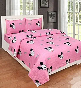 Cotton Villas 3D Printed Microfiber New Pink Mickey Bedsheet for Double Bed with 2 Pillow Cover Microfiber and Cotton Mix Color Pink (88 X 88 inch )