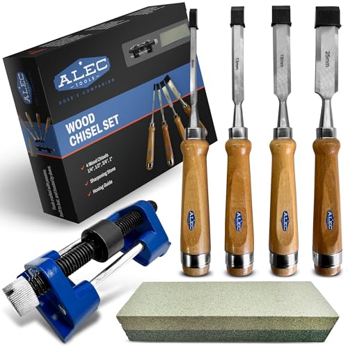 Alec Tools Wood Chisel Set Carpenter Tools – 4Pcs Beech Wood Carving Set with Sharpening Stone, Honing Guide – Woodworking Chisels with Pre-Sharpened Steel Blades – Ideal for Pros, DIY, Hobby