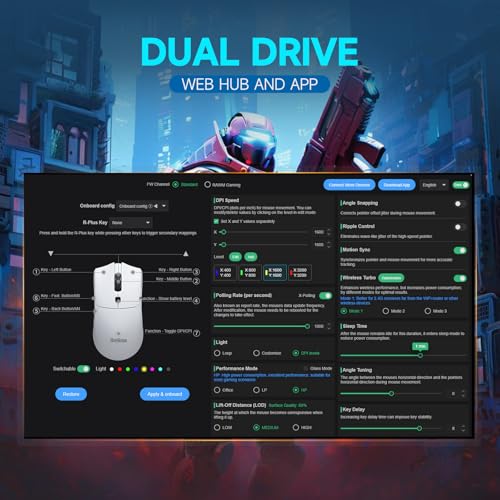 Image of RAWM MH01 Wireless Lightweight Gaming Mouse, PAW3395 Optical Sensor, 26000 DPI, 600mAh Rechargable Battery, 7 Programmable Buttons, Dual-Driver Gaming Mice for PC /Laptop /Mac