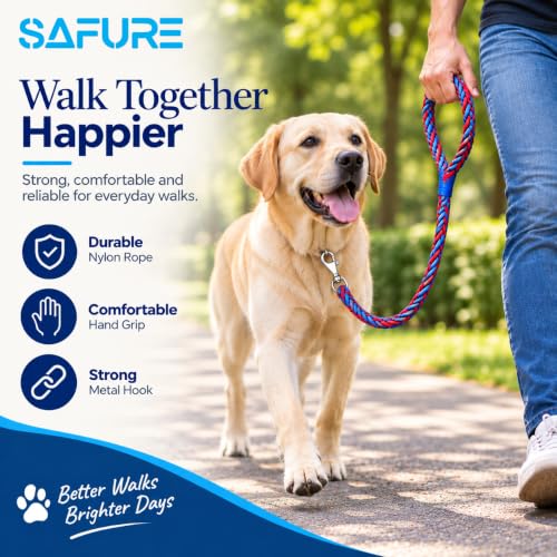 Image of Dog Leash Heavy Duty, Braided Nylon 120 cm Long and 3 cm Wide Dog Belt for Large Dogs and Medium Dogs, Walking Rope with Loop Handle and Swivel Metal Hook (Red and Blue)