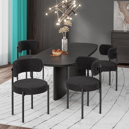 PatioPerk Boucle Dining Chairs Set of 4, Black Mid Century Morden Chair with Curved Backrest, Round...
