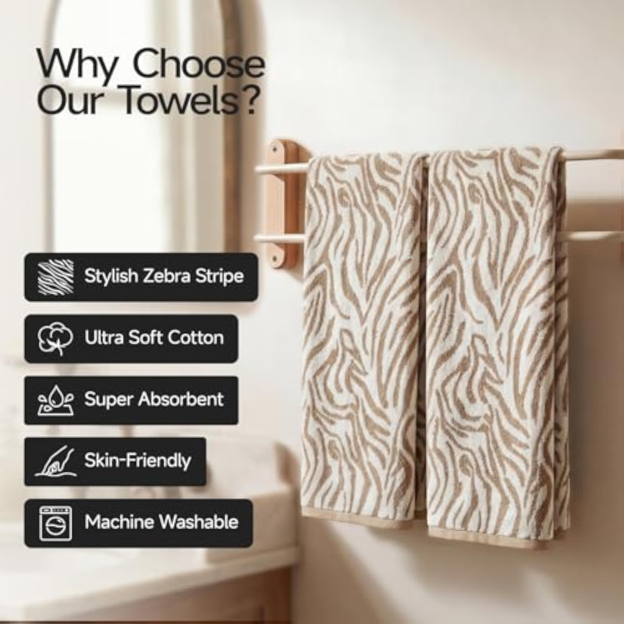 Zebra Striped Hand Towels Set of 2, Decorative Cotton