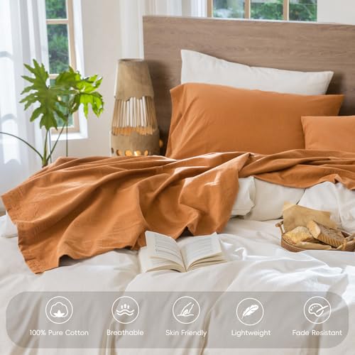 Image of MooMee Bedding Sheet Set 100% Washed Cotton Linen Like Textured Breathable Durable Soft Comfy (Solid Burnt Orange, Twin)