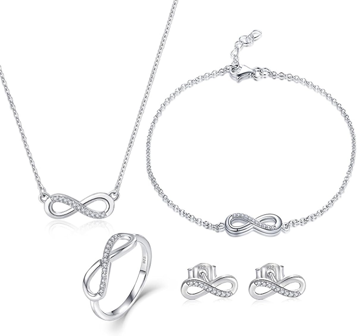 Womens 925 Sterling Silver Infinity Necklace Bracelet Ring Earrings Jewelry Sets Mother's Day Gift for Women
