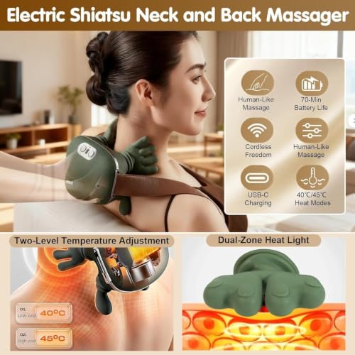 Image of Bionic Heated Massager, Wireless Portable Shiatsu Neck and Back Massager, Electric Deep Tissue 4D Kneading Massage, Simulated Human Hand Design for Pain Relief and Muscle Relax K1
