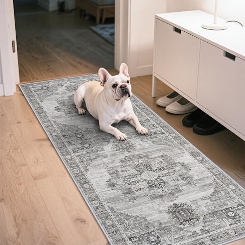 RUUGME 2x6 Hallway Runner Rugs - Washable Boho Rugs for Living Room Stain Resistant Vintage Carpet Tribal Rugs for Bedroom Kitchen Bathroom Non Slip Backing Decor Floor Decoration Mat 2x6 Grey