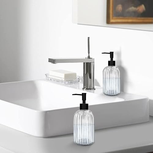 Miniatura 4 de Paquete de 2 dispensadores de jabón de vidrio con bomba negra, dispensador de bomba recargable de 13.5 fl oz para cocina, baño, lavandería, botella