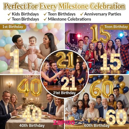 Image of Balloonistics Gold 40-Inch Foil Number 20 Balloon with Matching LED Marquee Light - Combo Set for 20th Birthday, Anniversary, Party Decoration, Photo Booth Backdrop, Cake Table Decor