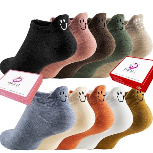 IBEILLI Women Cute Socks 10 Pairs Cotton Kawaii Embroidered Funny Low Cut Ankle Socks for Women Girls (10 Colors Smiley with Gift Box)