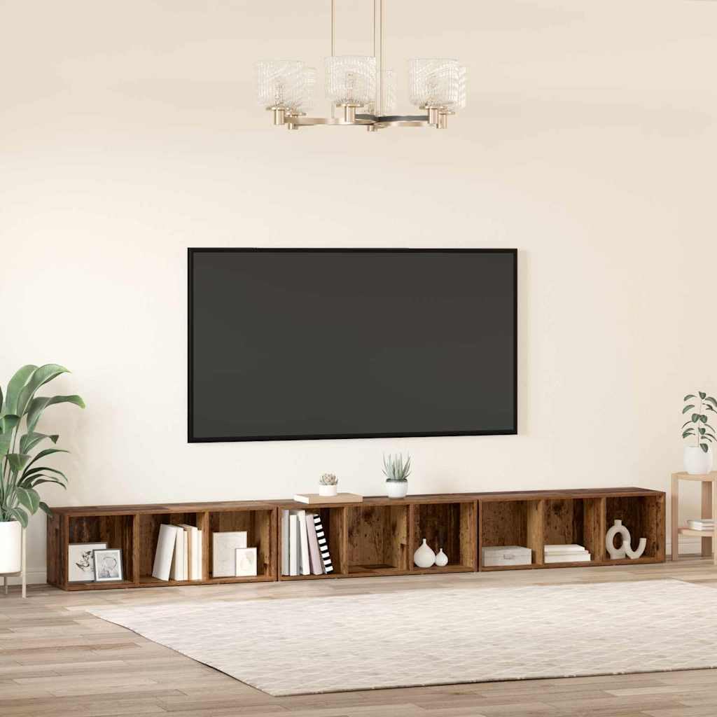 Set di 3 mobili per TV da parete, in legno anticato, 37 x 35 x 107