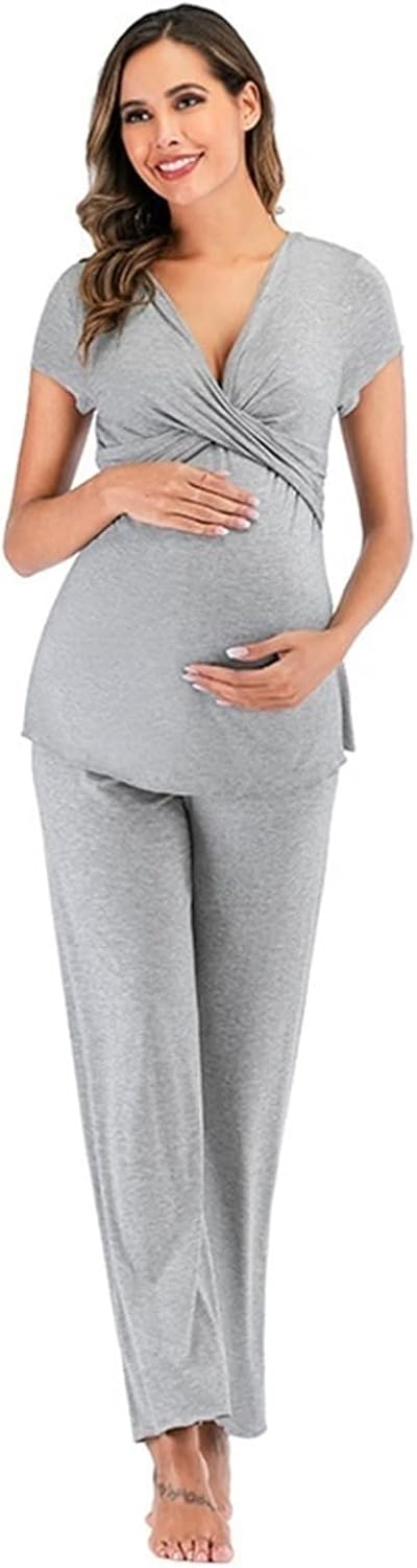 Maternity Nursing Pajama Set Lightweight Pregnancy Sleepwear Short Sleeve Breastfeeding PJs for Labor Delivery