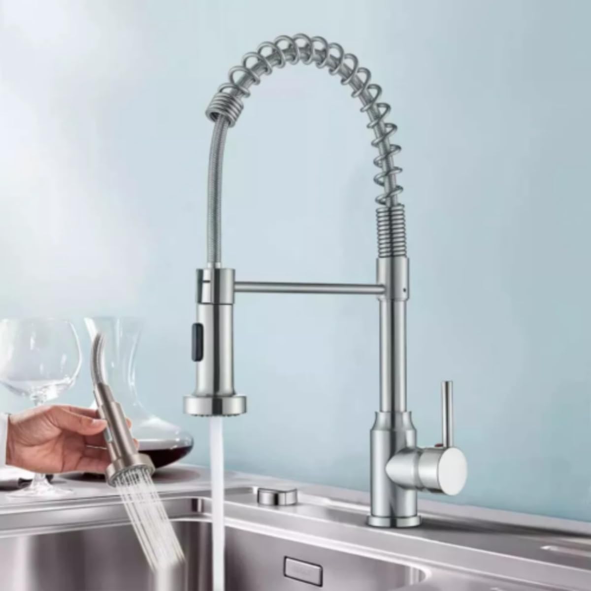 Brushed Nickel Kitchen Faucet with Pull-Down Sprayer, Commercial Spring Kitchen Tap with Dual Function Spray, 360° Swivel Sink Mixer Tap for UK Kitchen