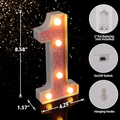 Image of LED Letter Lights Pink Glitter Marquee Letters Light Up Alphabet Letters Sign Battery Powered for Home Party Decoration Night Bar Wedding Birthday Christmas Lamp Girls Gift - Number 1