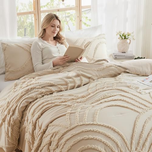 Image of ENJOHOS Boho Comforter Set 3PC, Full Size, Beige, Dorm Bedding Sets for College Girls, Tufted Rainbow Design, Fluffy Lightweight Breathable Microfiber Comfoter