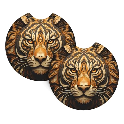 Lot de 2 sous-verres de voiture imprimés tête de tigre dominante, tapis décoratifs intégrés, adaptés pour les porte-gobelets de voiture