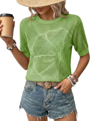 LaGracia Womens Short Sleeve Crochet Sweater Summer Crochet Tops Lightweight Hollow Out Crewneck Pullover Beach Coverup Green L