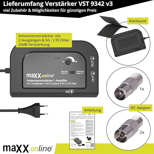 maxx.onLine Antennenverstärker mit 2 Ausgängen, Verstärkung 20 dB, 5G / LTE Filter für DVB-T2, Kabelfernsehen, Kabel Verstärker, Verstärker Wohnung