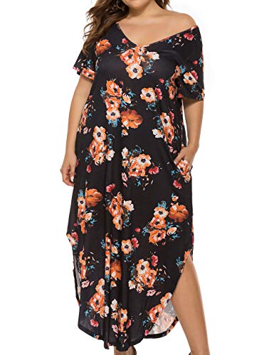 Image of Kancystore Women's Plus Size Dresses Summer Casual Loose Pocket Short Sleeve Slits Long Maxi Dress XL-5X