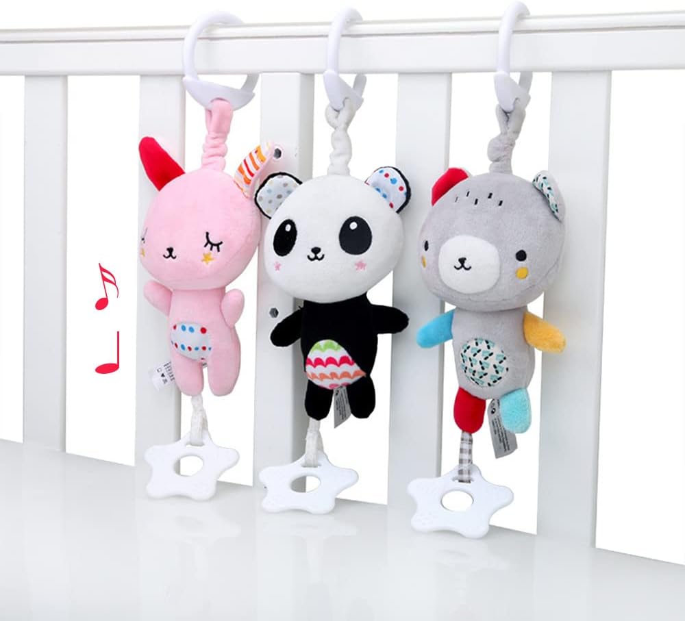 Sealive 3PCs Baby Car Seat Toys - Plush Crib Toys & Stroller Activity Toy for Car Seat - Baby Hanging Toys with Teether & Jingle - Baby Gym Toys for Travel, Animal Wind Chime Include Bears & Panda