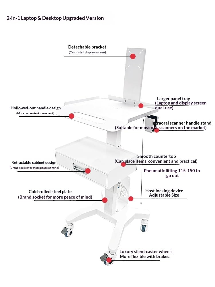 Carrello per postazione di lavoro per laptop medico con ruote, carrello da laboratorio regolabile in altezza con supporto per scanner, robusta scrivania per computer portatile per cliniche dentali