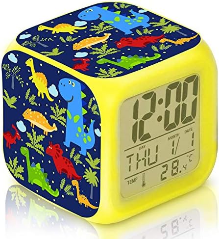 DTMNEP Dinosaur Digital Alarm Clock for Kids, LED Colorful Nightlight Cube LCD Clock, Children Wake Up Bedside Clock, Birthday Gifts for Student and Women