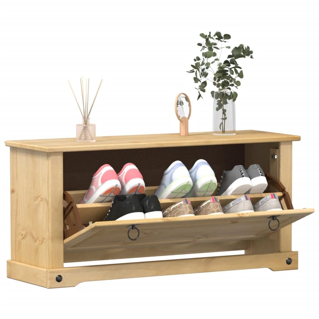 Banc à chaussures en pin massif Corona meuble de rangement stable en bois brut