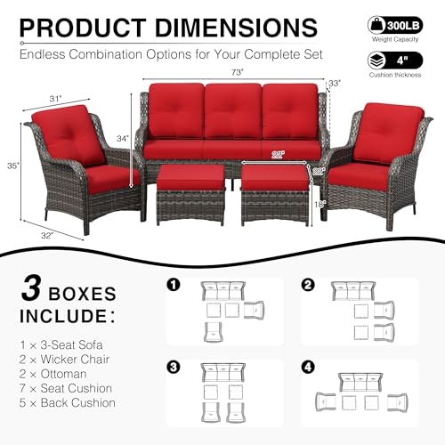Image of Joyside 5 Piece Wicker Patio Furniture Set, Rattan Patio Chairs with High Back, Deep Seating, Wide Armrest, Thickened Cushions, Outdoor Furniture for Deck, Porch Use