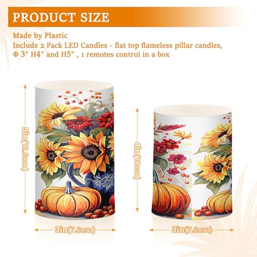 Image of Flickering Flameless Candles, Sunflowers Pumpkins Autumn Thanksgiving LED Candles with Remote Timer, Set of 2 Battery Operated Candle for Valentine Wedding Birthday