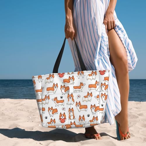 VOSERY Large Beach Bags Waterproof Sandproof - Cute Corgi Dog Puppy No.1070 Cute Beach Tote Bags for Women with Zipper3