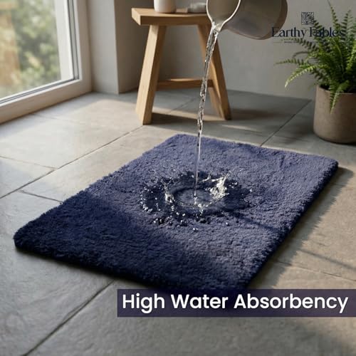 Image of Earthy Fables Plush Microfiber Bath Mat, Quick Dry, Anti-Skid, Water Absorbent, Non-Slip, Machine Washable Floor Rug, Shower Mat, Door Mat for Bathroom, Bedroom, 60 x 40 cm - Navy
