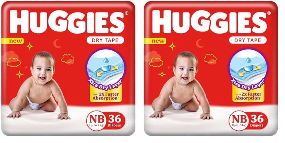Image of Huggies Dry Tape | Adjustable Tape Style Diapers, Newborn (NB) Size (0-5 Kgs), 36 Count | Up To 2X Faster Absorption, Up To 12 Hours Overnight Absorption (Pack of 2)