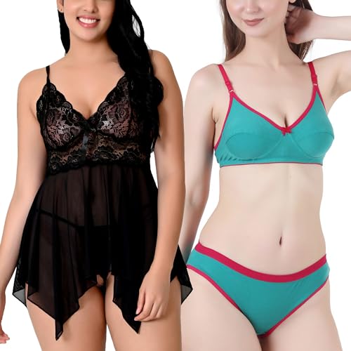 Image of Love Maker Babydoll Lingerie Bra Panty Set Undergarments for Women Honeymoon Nighties Small to 3XL