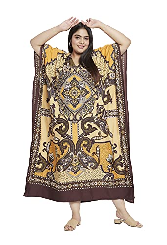 Image of Women Long Maxi Plus Size Polyester Kaftan Gown, Womens Kaftan Dresses | Lounge Resort Wear, Batwing Sleeve Side Slit, Beach Cover Up, House Dress, Lightweight V Neck Loose Fit Boho Dress