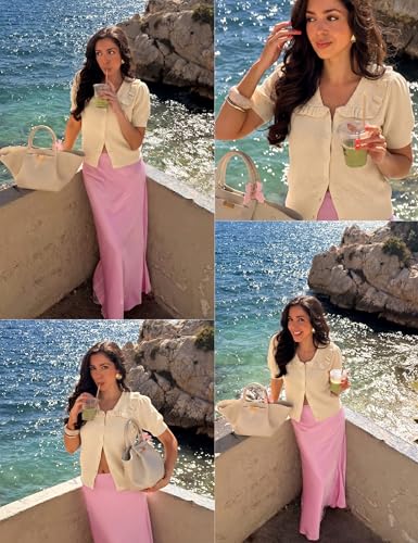 Image of Watashi Womens Ruffle Collar Puff Short Sleeve Cardigan Knit Crop Top | Peter Pan Collar Crochet Knitted Summer Fall Casual Work Wear Sweater