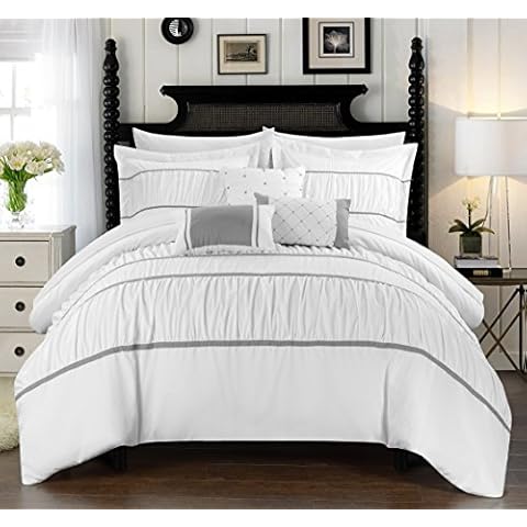 Chic Home Cheryl 10 Piece Comforter Set Complete Bed in a Bag Pleated Ruched Ruffled Bedding with Sheet Set and Decorative Pillows Shams Included, Queen White Cover