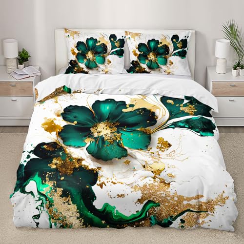 AILONEN Marble Flowers Duvet Cover Set Queen Size,Gold Green Floral Bedding Set,Modern Luxury Comforter Cover Set for Girls Room Decor,1 Quilt Cover and 2 Pillowcases for Girls,3 Pieces