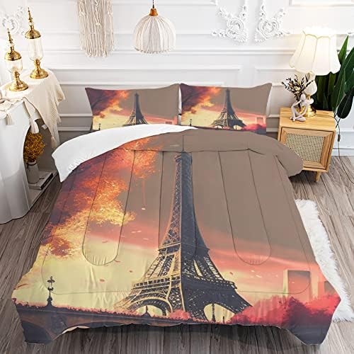 FUYEUN Paris Comforter Sets Twin Size Eiffel Tower Bedding Set for Girls Kids Teens Paris Theme Sunset Landscape Pink Pastel Brown Quilt 1 Comforter + 1 Pillow Case