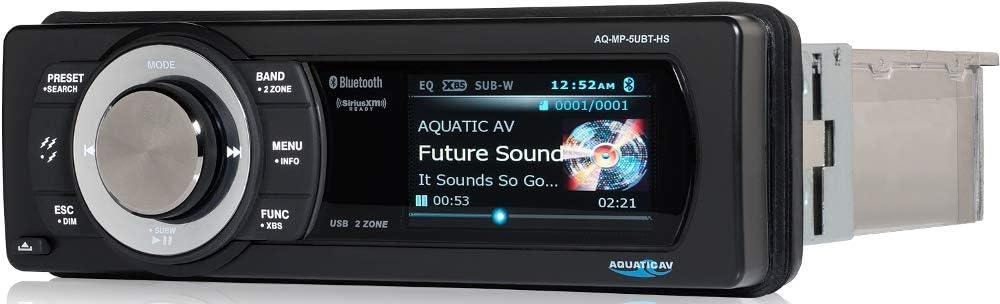 Aquatic AV stereo display showing music playback information