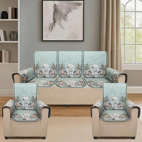 Image of Velvet 3 Seater Sofa Cover with 6 Seat and Back Covers, 2 Hand Rest Covers - Elephant dome Design - Washable Fabric - Stylish Sofa Cover for Modern Living Room (Green, 3 Seater With Arm Covers)