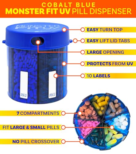 Image of XL Supplement Pill Dispenser Bottle, 7 Compartment, Labels, Easy Open, Anti-Mixing, UV Protected Organizer, Extra Large Monthly Vitamin, Monster Fit Medication Holder (Cobalt Blue, Large) (Pack of 3)