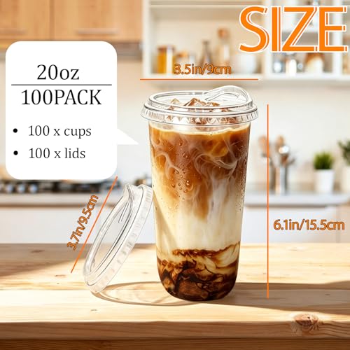 Image of 100 Pack 20 oz Plastic Cups with Lids,Clear Disposable Iced Coffee Cups,To Go Cup with Sip Through Lids for Cold Beverage,Smoothie,Wedding,Juice,Milkshake,Party