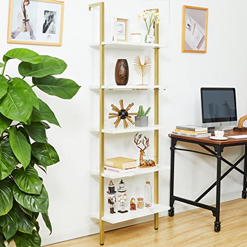 Image of SUPERJARE Modern Ladder Shelf, 5-Tier Open Wall-Mounted Bookshelf with Stable Metal Frame, 72 Inches Storage Rack Shelves, Stand Bookcase for Home Office (Marble & Gold)