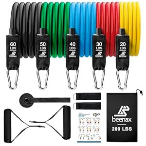 Beenax Resistance Bands Set with Handles – Heavy Duty 12pcs Exercise Bands, Up to 150/200/250 LBS – Fitness Training Tubes for Home, Gym, Physio – Large Handles, Ankle Straps, Door Anchor, Carry Bag