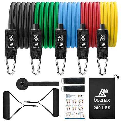 Beenax Resistance Bands Set with Handles - Heavy Duty 12pcs Exercise Bands, Up to 150/200/250 LBS - Fitness Training Tubes for Home, Gym, Physio - Large Handles, Ankle Straps, Door Anchor, Carry Bag